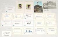 West Indies Test and County cricketers 1950s-2010s. Twenty two mainly modern signatures on printed cards, postcards, scraps etc., the odd signature on label laid down. Also eight signed newspaper and magazine cuttings. Signatures include Hall, Kallicharra