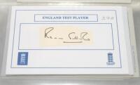 England Test cricketers 1950s-2010s. Small album of approx. sixty mainly modern printed ‘England Test Player’ white cards individually signed by England Test players, some signatures on pieces laid down. Signatures include Subba Row, A. Bedser, Moss, Arno