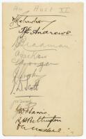 ‘An Australian XI’ c.1928. Album page signed by eleven Australian players, possibly for the tour match v M.C.C., Sydney, 16th- 20th November 1928. Includes five signatures in ink of Richardson, Andrews, Harris, Bettington and one other, the others in penc