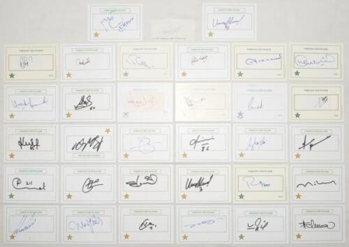 Pakistan Test cricketers 1970s-2010s. Thirty three mainly modern printed ‘Pakistan Test Player’ white cards individually signed by Pakistan Test players, some signatures on pieces laid down. Signatures include Zaheer Abbas, Asif Iqbal, Waqar Younis, Moin 