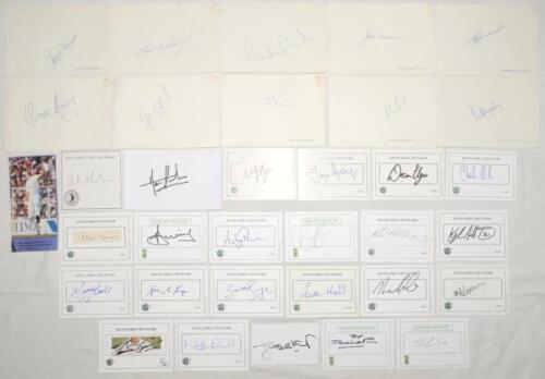 South Africa Test cricketers 1940s-2010s. Thirty four modern signatures (one earlier), the majority individually signed to printed ‘South Africa Test Player’ white cards, also plain cards piece, album pages etc., the odd signature on piece laid down. Sign