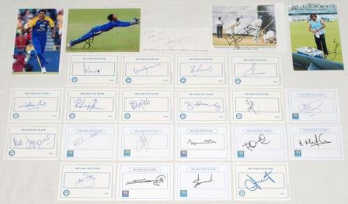 Sri Lanka Test cricketers 1980s-2020s. Twenty five individually signed ‘Sri Lanka Test Player’ cards, small pages and colour photographs. Signatures include Aravinda de Silva, Vaas, Jayawardene, R. Perera, Ramanayake, Muralitharan, Bandara, Lakmal, Dilsha