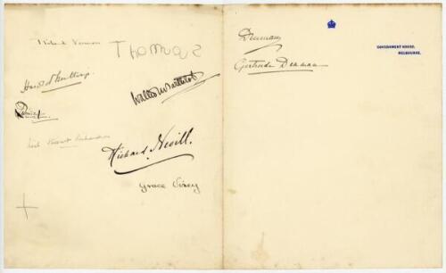 Pelham Francis ‘Plum’ Warner. Oxford University, Middlesex & England 1894-1920. M.C.C. tour to Australia 1911/12. Two pages on official Victoria Government letterheads, one for Government House, Melbourne, the other Government Cottage, Macedon Upper. The 