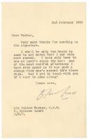 Pelham Francis ‘Plum’ Warner. Oxford University, Middlesex & England 1894-1920. Single page typed letter from the former prime minister, David Lloyd George on House of Commons notepaper. Dated 2nd Feburary 1943, Lloyd George thanks Warner for signing a bo