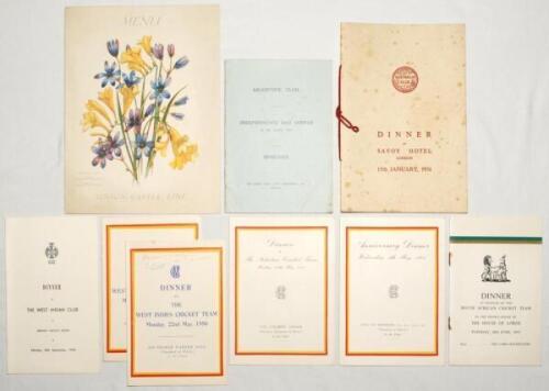 Pelham Francis ‘Plum’ Warner. Oxford University, Middlesex & England 1894-1920. A selection of eight official menus from Warner’s personal collection, some with notes for a speech given by Warner.