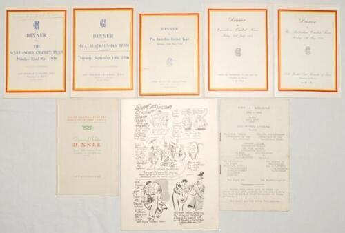 Pelham Francis ‘Plum’ Warner. Oxford University, Middlesex & England 1894-1920. A selection of eight official menus from Warner’s personal collection, one with notes for a speech given by Warner. Menus are North Staffordshire and District Cricket League D