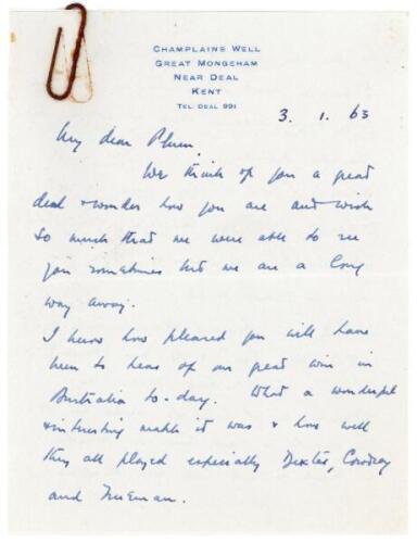 Pelham Francis ‘Plum’ Warner. Oxford University, Middlesex & England 1894-1920. Three page handwritten letter to Warner from Ronnie Aird, dated 3rd January 1963. Writing from his home near Deal in Kent, Aird sends his best wishes and regrets he is unable 