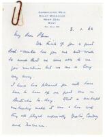 Pelham Francis ‘Plum’ Warner. Oxford University, Middlesex & England 1894-1920. Three page handwritten letter to Warner from Ronnie Aird, dated 3rd January 1963. Writing from his home near Deal in Kent, Aird sends his best wishes and regrets he is unable 