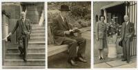 Pelham Francis ‘Plum’ Warner. Oxford University, Middlesex & England 1894-1920. Three original mono press photographs from Warner’s personal collection. Photographs depict Warner in later life descending the steps of the pavilion at Lord’s, seated on a be