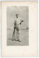 Pelham Francis ‘Plum’ Warner. Oxford University, Middlesex & England 1894-1920. Original engraved bookplate image of Warner standing full length leaning on a bat at the crease, with title to lower border ‘Mr. P.F. Warner’, from an photograph by Elliott & 