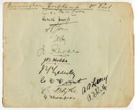 England v Australia 1909. Large and early album page very nicely signed in black ink by the England Test team who played Australia in the first Test match of the series played at Birmingham on 27th to 29th May 1909. Signatures are Archie Maclaren (Cpt), 