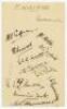 England Test cricketers c.1929. Album page nicely signed in black ink by thirteen England Test players. Signatures are Duckworth, Chapman, Hobbs, Larwood, Jardine, Ames, Geary, White, Hendren, Freeman, Tate, Tyldesley and Hammond. VG