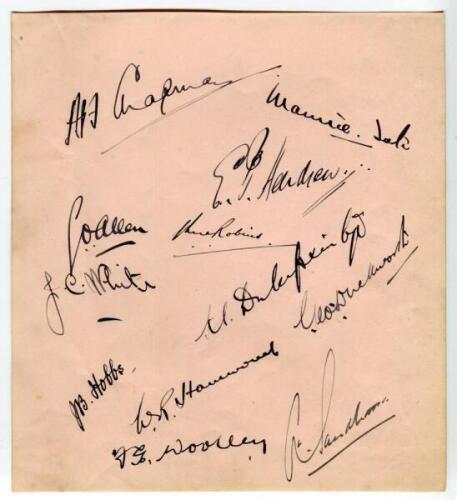 England v Australia, 1930. Album page very nicely signed in black ink by the eleven England players who played in the second Test against Australia at Lord’s, 27th June-1st July 1930, plus 12th man, Andrew Sandham. Signatures are Chapman (Captain), Tate, 