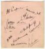 England v Australia, 1930. Album page very nicely signed in black ink by the eleven England players who played in the second Test against Australia at Lord’s, 27th June-1st July 1930, plus 12th man, Andrew Sandham. Signatures are Chapman (Captain), Tate, 