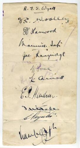 Rest of England v Yorkshire (Champion County) 1932. Paper page signed in ink by eleven members of the Rest of England team who played Yorkshire at The Oval in September 1932. Signatures are Wyatt (Capt), Woolley, Larwood, Langridge, Voce, Hendren, Jupp, P