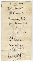 Rest of England v Yorkshire (Champion County) 1932. Paper page signed in ink by eleven members of the Rest of England team who played Yorkshire at The Oval in September 1932. Signatures are Wyatt (Capt), Woolley, Larwood, Langridge, Voce, Hendren, Jupp, P