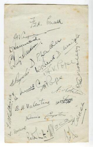 Sir Pelham Warner’s XI v England Past and Present, 1935. Album page signed by twenty one players who played in the match at Folkestone, 7th-9th September 1935. Signatures in ink for Sir Pelham Warner’s XI include W.Edrich, D. Compton, Dollery, Valentine, 