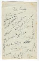 Sir Pelham Warner’s XI v England Past and Present, 1935. Album page signed by twenty one players who played in the match at Folkestone, 7th-9th September 1935. Signatures in ink for Sir Pelham Warner’s XI include W.Edrich, D. Compton, Dollery, Valentine, 