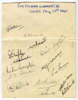 Sir Pelham Warner’s XI v Army 1942. Album page signed by fourteen players from both teams who played in the war-time match at Lord’s on the 23rd May 1942. Signatures are Allen, Clarke, Levett, Griffith, L. Compton, D, Compton, Robertson, Fishlock, Gover, 