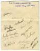 Sir Pelham Warner’s XI v Army 1942. Album page signed by fourteen players from both teams who played in the war-time match at Lord’s on the 23rd May 1942. Signatures are Allen, Clarke, Levett, Griffith, L. Compton, D, Compton, Robertson, Fishlock, Gover, 