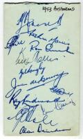 England v Australia, 5th Test, The Oval 1953. Double album page signed to one side by twelve members of the Australian touring team to England to the the verso by twelve members of the England team. Signatures include Hassett (Captain), Morris, Archer, Mi