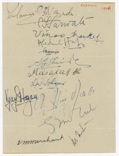 All-India tour of England 1946. Album page signed in ink by fourteen members of the Indian touring party. Signatures are Pataudi (Captain), Nayudu, Sarwate, Mankad, Hafeez, S. Banerjee, Shinde, Mushtaq Ali, Sohoni, Hazare, Hindlekar, Gul Mohammad, Merchan