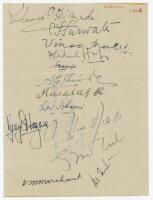 All-India tour of England 1946. Album page signed in ink by fourteen members of the Indian touring party. Signatures are Pataudi (Captain), Nayudu, Sarwate, Mankad, Hafeez, S. Banerjee, Shinde, Mushtaq Ali, Sohoni, Hazare, Hindlekar, Gul Mohammad, Merchan