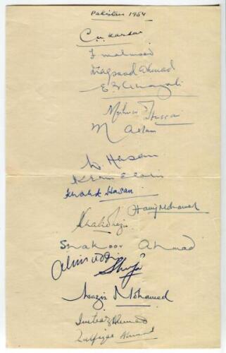 Pakistan tour of England 1954. Large page with title ‘Pakistan 1954’ handwritten to top border and very nicely signed beneath by seventeen members of the touring party. Signatures include Abdul Kardar (Cpt), Wazir Mohammad, Khalid Hassan, Shuja-ud-din, Sh