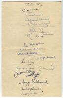 Pakistan tour of England 1954. Large page with title ‘Pakistan 1954’ handwritten to top border and very nicely signed beneath by seventeen members of the touring party. Signatures include Abdul Kardar (Cpt), Wazir Mohammad, Khalid Hassan, Shuja-ud-din, Sh