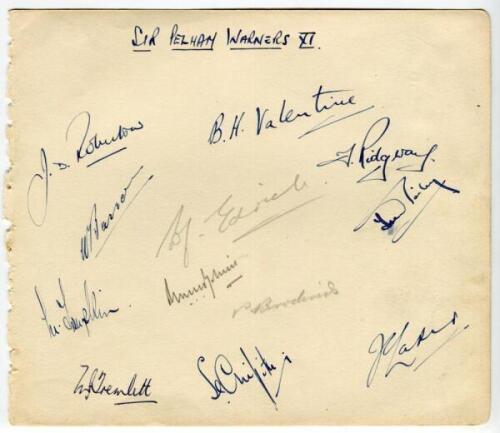 Sir Pelham Warner’s XI, 1947. Large album page nicely signed in ink and pencil by the twelve players for the team v The South at the Hastings Festival, 6th-9th September 1947. Signatures include Valentine, Laker, Edrich, Robertson, Tremlett, Bailey, Tompk