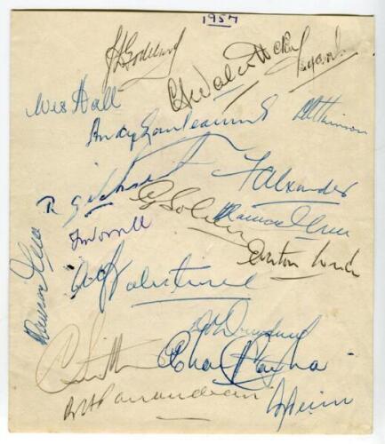 West Indies tour to England 1957. Album page fully signed by eighteen members of the touring party. Players’ signatures include Goddard (Captain), Hall, Walcott, Sobers, Pairaudeau, Ganteaume, Kanhai, Valentine, Asgarali, Alexander, Ramadhin, Gilchrist, W