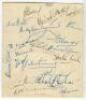 West Indies tour to England 1957. Album page fully signed by eighteen members of the touring party. Players’ signatures include Goddard (Captain), Hall, Walcott, Sobers, Pairaudeau, Ganteaume, Kanhai, Valentine, Asgarali, Alexander, Ramadhin, Gilchrist, W