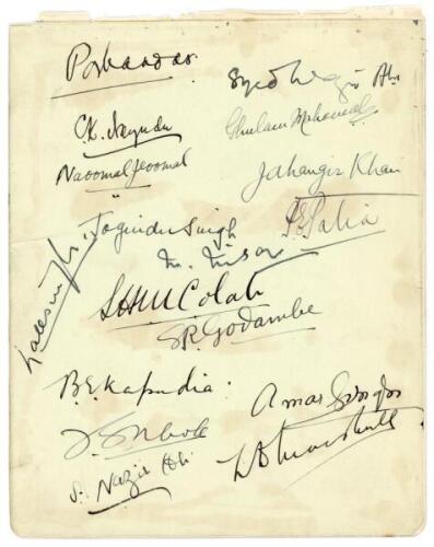 India tour to England 1932. Album page nicely signed ink by seventeen members of the Indian touring party. Signatures are Maharaja of Porbanda (Captain), Wazir Ali, Nayudu, Ghulam Mohammad, Naoomal Jaoomal, Jahangir Khan, Joginder Singh, Palia, Lall Singh