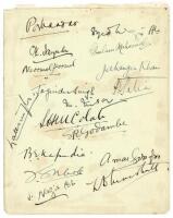 India tour to England 1932. Album page nicely signed ink by seventeen members of the Indian touring party. Signatures are Maharaja of Porbanda (Captain), Wazir Ali, Nayudu, Ghulam Mohammad, Naoomal Jaoomal, Jahangir Khan, Joginder Singh, Palia, Lall Singh