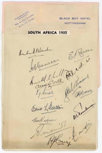 South Africa tour to England 1935. Page with ‘Black Boy Hotel, Nottingham’ letterhead laid down to two joined album pages. Nicely and fully signed ink by all fifteen members of the South Africa touring party. Signatures are Wade (Captain), Cameron, Rowan,