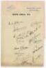 South Africa tour to England 1935. Page with ‘Black Boy Hotel, Nottingham’ letterhead laid down to two joined album pages. Nicely and fully signed ink by all fifteen members of the South Africa touring party. Signatures are Wade (Captain), Cameron, Rowan,