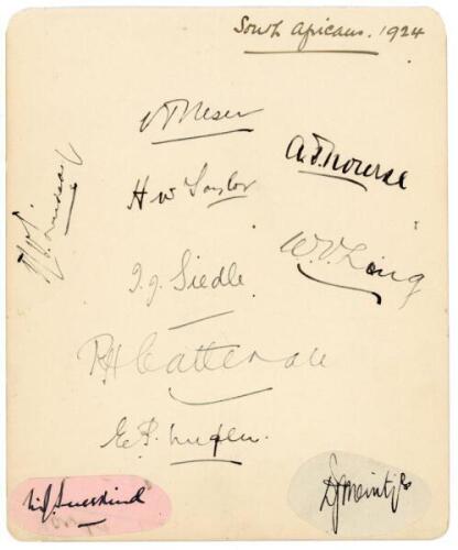 ‘South Africans 1924’. Large album page nicely signed in ink to the page by eight South African players with a further two signatures on pieces laid down. Players appear to be those who played in matches v S.B. Joels XI in 1924/25. Signatures are Neser, L