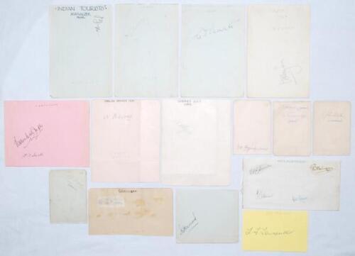 Indian and County signatures 1930s/1940s. A selection of twenty signatures in ink unless otherwise stated, the majority signed individually to a page. Signatures include four of members of the India touring party to England 1946, S.G. Shinde, C.T. Sarwate