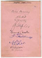 Cricket Umpires 1930/50’s. Large album page signed by nine Umpires from the period. Signatures include Frank Chester, Dai Davies, S.J. Staples, A. Skelding, Lee, H.G. Baldwin, B. Flint etc. G