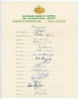 Australia tour to England 1953. ‘Coronation Tour’. Official autograph sheet fully signed by all seventeen listed members of the Australian touring party. Signatures are Hassett (Captain), Morris, Archer, Benaud, Craig, Davidson, De Courcy, Harvey, Hill, H