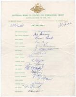 Australian tour of England 1961. Official autograph sheet fully signed in ink by all nineteen members of the touring party. Signatures are Benaud (Captain), Harvey, Booth, Burge, Davidson, Gaunt, Jarman, Kline, Lawry, Mackay, McDonald, McKenzie, Misson, O