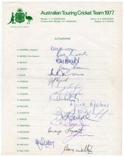 Australian tour to England 1977. Official autograph sheet fully signed in ink by all seventeen members of the touring party. Signatures are Chappell (Captain), Marsh, Bright, Cosier, Davis, Dymock, Hookes, Hughes, McCosker, Malone, O’Keeffe, Pascoe, Robin