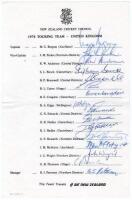 New Zealand tour to England 1978. Official autograph sheet signed by all sixteen members of the touring party. Signatures are Burgess (Captain), Parker, Anderson, Boock, Bracewell, Cairns, Congdon, Edgar, Edwards, D.R. Hadlee, R.J. Hadlee, Howarth, McInty