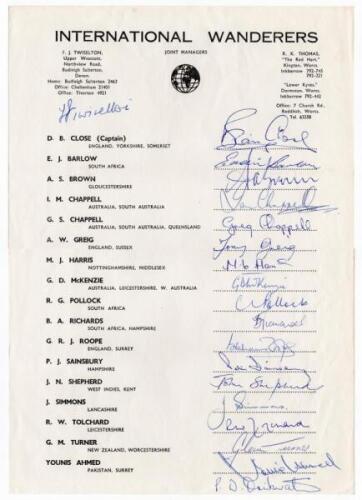 International Wanderers 1974. Official autograph sheet for the tour of Rhodesia 1974, fully signed in ink by the nineteen members of the touring party. Signatures are Close, Barlow, Brown, I. Chappell, G. Chappell, Harris, McKenzie, Pollock, Richards, Roo