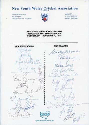 New South Wales v New Zealand 1993. Official New South Wales Cricket Association autograph sheet signed by the eleven members of the New South Wales team and twelve of the New Zealand touring party for the match played at Newcastle 29th October- 1st Novem