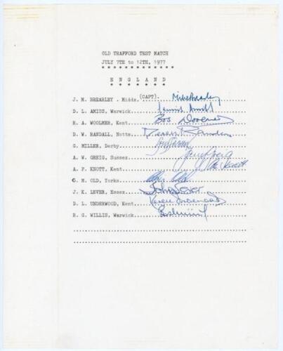 England v Australia 1977. Official autograph sheet for the second Test, Old Trafford, 7th- 12th July 1977. Fully signed in ink by the eleven listed members of the England team who played in the match. Signatures are Brearley (Captain), Amiss, Woolmer, Ran