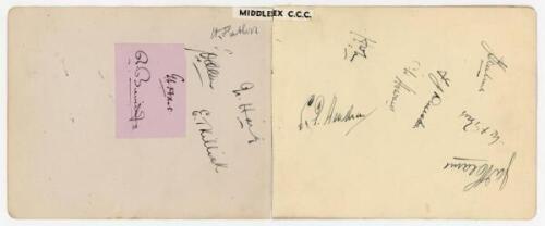 Middlesex C.C.C. 1931. Two adjoining album pages (taped together), one laid down to another page, with thirteen nice signatures in ink of Middlesex players. Signatures are Haig (Captain), Enthoven, Allen, Killick, Hart, Beveridge, Hendren, Lee, Durston, H