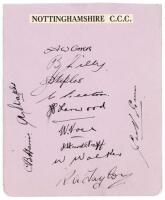 Nottinghamshire C.C.C. c.1933. Album page laid down to another page, very nicely signed ink by twelve members of the Nottinghamshire team. Signatures are Carr (Captain), Lilley, S.J. Staples, Keeton, Larwood, Voce, Hardstaff, Walker, Taylor, Harris, A. St