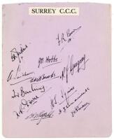 Surrey C.C.C. c.1932. Album page laid down to another page, very nicely signed ink by twelve members of the Surrey team. Signatures are Jardine (Captain), Brown, Hobbs, Sandham, Brooks, Gregory, Barling, Gover, Squires, Strudwick, Whitfield and Parker. Al