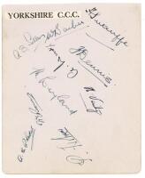 Yorkshire C.C.C. 1933. Album page nicely signed ink by ten members of the Yorkshire team. Signatures are Sellers (Captain), W. Barber, Sutcliffe, Dennis, Wood, Leyland, Verity, Bowes, Rhodes and Holmes. Sold with two further album pages with four ink sign